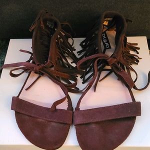 Chocolate Brown Suede Fringe ankle tie flat sandals